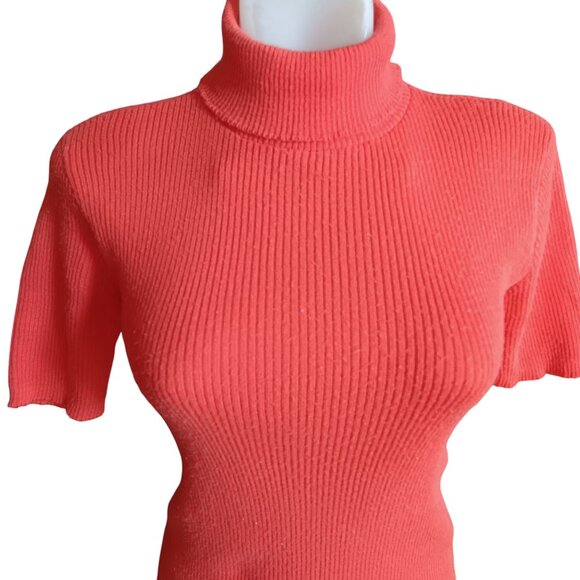 Medium Vintage Coral Ribbed Turtleneck Sweater Short Sleeves Back Zipper 70s mom - Picture 1 of 6